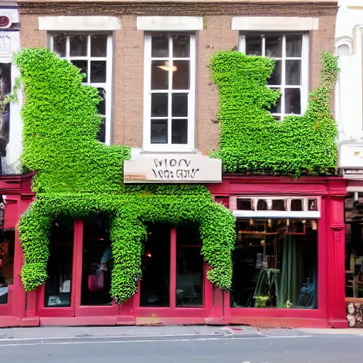 Prompt: a row of shops on main street shot straight-on, one of the shops has ivy pouring out of the door