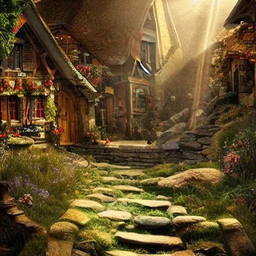 Image similar to my precious! - the hobbit - j. r. r. tolkien - a medieval village in switzerland, ornate, beautiful, atmosphere, vibe, flowers, concept art illustration, greg rutowski, volumetric lighting, sunbeams, particles