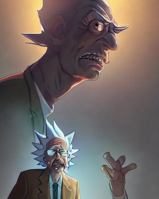 Prompt: rick from rick and morty, medium shot, visible face, detailed, perfectly shaded, perfectly shaded face, atmospheric lighting, by makoto shinkai, stanley artgerm lau, wlop, rossdraws