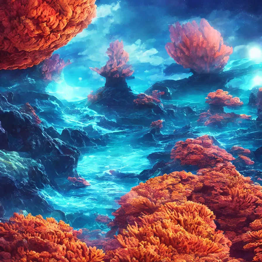 Prompt: album art, anime visuals, of an alien planet made out of different coloured corals, with big starfish, creatures, rocky landscape, floating waterfalls, omni magazine, cinematic lighting, detailed