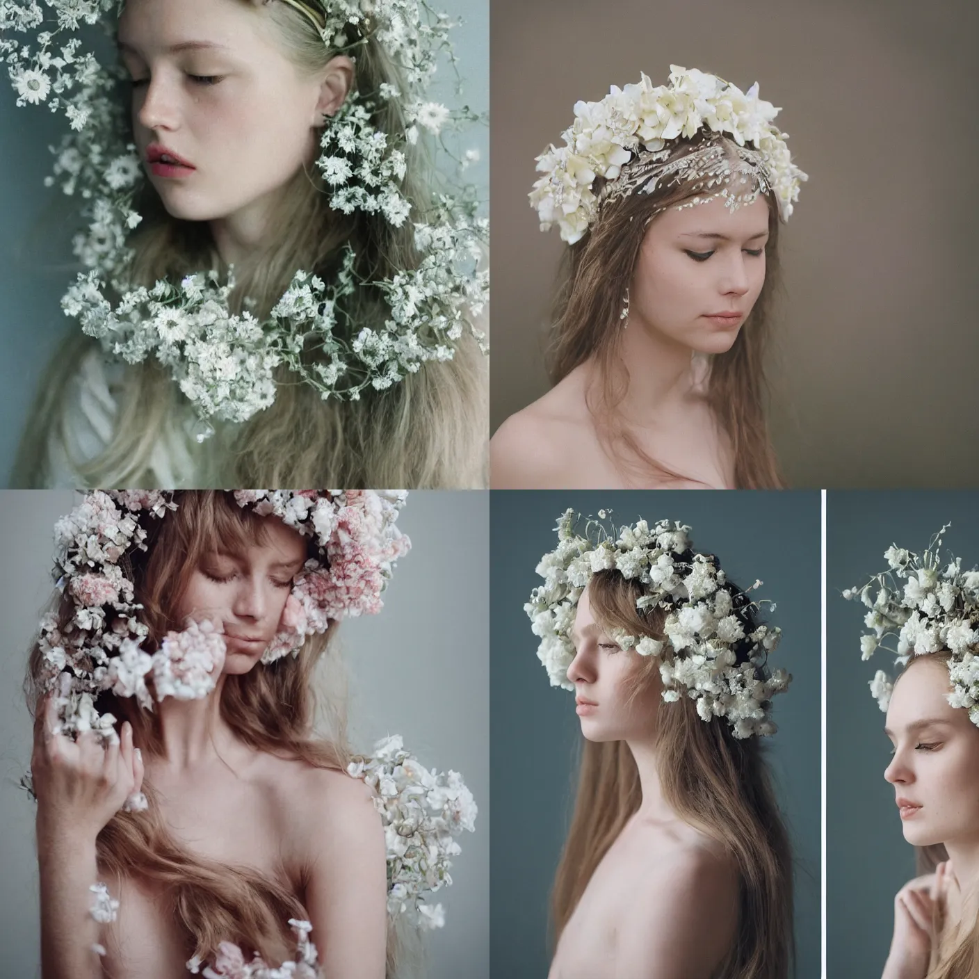 Prompt: A analog head and shoulder frontal face portrait photography of a woman wearing an intricate big white flowers crown by Nina Masi. Long soft hair. eyes closed. soft gradient pastel color background. Kodak Color Plus 400 film. Icelandic mood. detailed. hq. realistic. warm light. muted colors. lens flare. Glare and bloom. photoreal. Medium format photography. Leica M9.