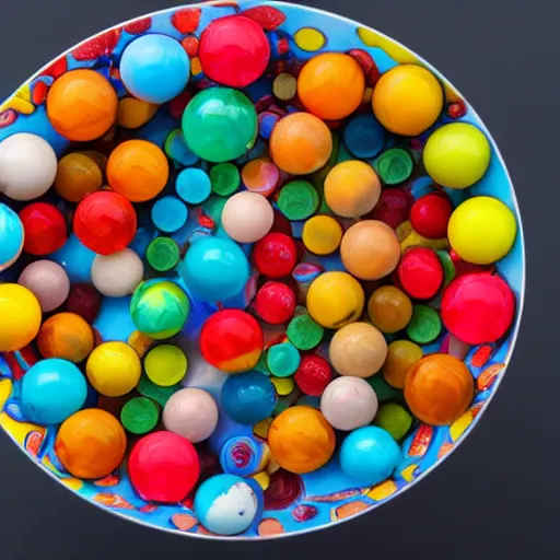 Prompt: a bowl full of coloured marbles top down view