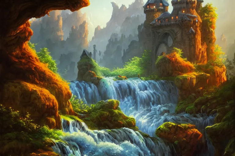 Image similar to gouache masterpiece depicting Idyllic fantasy landscape, waterfalls, castle, willows, mystical, magical, Tyler Edlin and Andreas Rocha, Hyperdetailed, stylized, Artstation