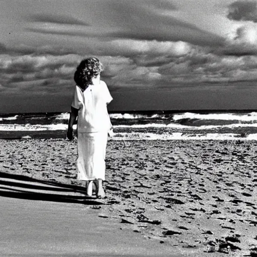 Prompt: Barbara Schöneberger, 1990, walking on the beach. Award-winning photograph.