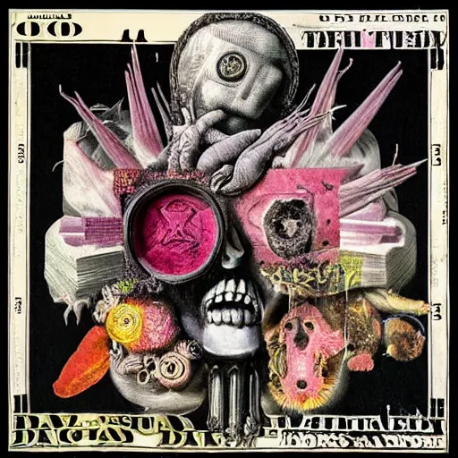 Image similar to post - punk new age album cover, asymmetrical design, dollar bank notes, capitalism, magic, apocalypse, psychedelic, black white pink, magic, giger h. r., giuseppe arcimboldo