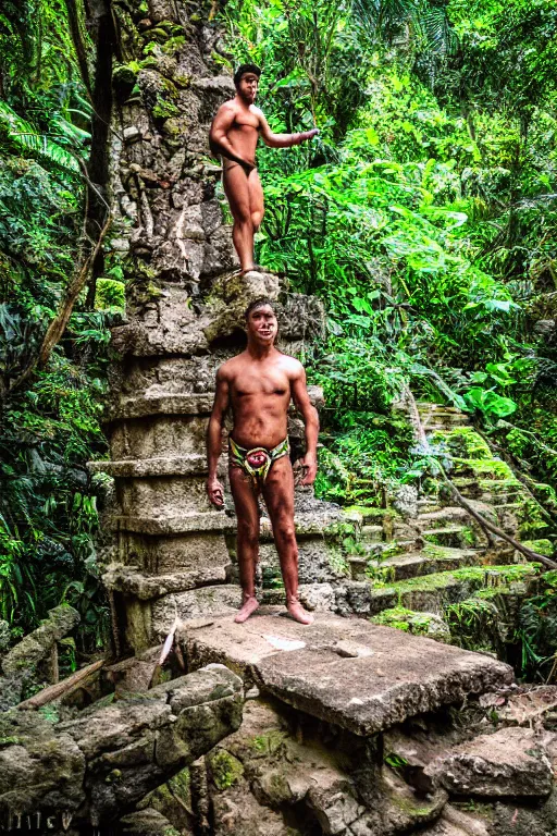 Image similar to mid distance photo of mayan jaguar warrior standing on the diving board in las pozas, 3 5 mm, highly detailed, color photo, cinematic lighting