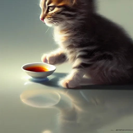 Prompt: Kitten drinking tea, dramatic scene, masterpiece digital painting by Greg Rutkowski, Alex Grey, artstation, 4k wallpaper