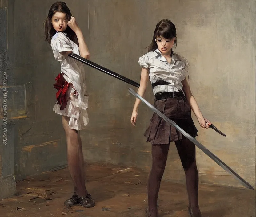 Image similar to School girl holding a katana and standing on an abandoned hospital room , by Konstantin Razumov, horror scene, highly detailded