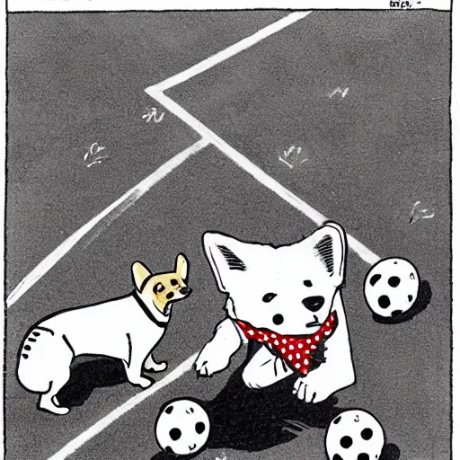 Image similar to illustration of french boy on the streets of paris playing football against a corgi, the dog is wearing a polka dot scarf, comic, 1 9 7 2