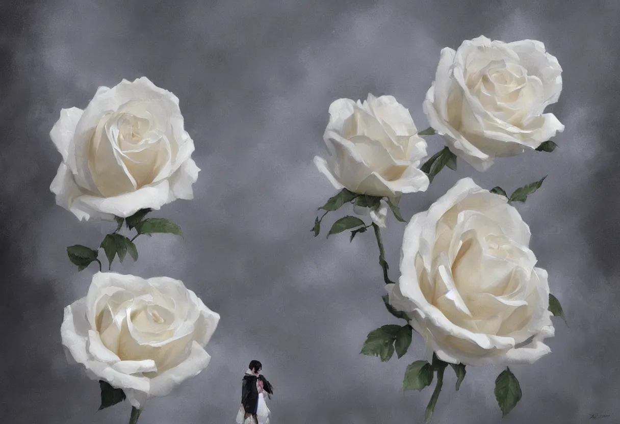 Image similar to a painting of a huge white rose romantic trending on artstation in the style of greg rutkowski