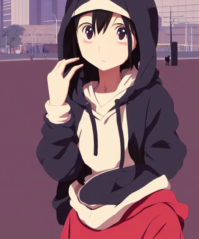 Image similar to anime visual, portrait of a young black haired girl wearing hoodie on the city street background, one person, cute face by yoh yoshinari, katsura masakazu, studio lighting, half body shot, strong silhouette, anime cels, ilya kuvshinov, cel shaded, crisp and sharp, rounded eyes, bright