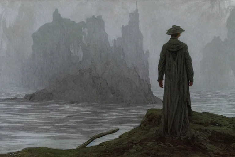 Image similar to a grey mushy organic leviathan rising from the water at a sea shore, foggy day, cinematic scene, matte paitning, grey shift, scp, art by caspar david friedrich and alphonse mucha