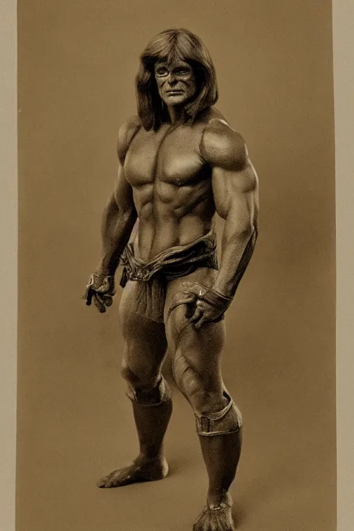 Image similar to he - man, portrait, full body, symmetrical features, silver iodide, 1 8 8 0 photograph, sepia tone, aged paper, master prime lenses, cinematic