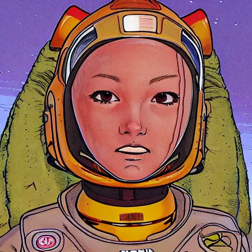 Image similar to close up portrait of the young spaceship pilot girl, front view, masterful, in the style of moebius, akira toriyama, jean giraud