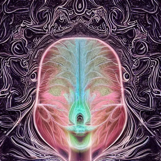 Prompt: faceless, shrouded figure, powerful being, plant spirit, fractal entity, spirit guide, light being, pearlescent, shiny, glowing, ascending, aberration, weird, odd, surreal, smooth, shaman, symmetry, subtle pattern, pastel colors, ghostly, visions, visionary art, color dispersion, underwater, intricate, engraved, matte, subtle textures, hyperdimensional, sacred geometry, portal, glass, by moebius, moebius, trending on artstation, soul eater