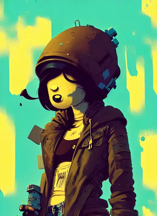 Image similar to highly detailed portrait of a moody sewerpunk young adult muppet lady by atey ghailan, by greg rutkowski, by greg, tocchini, by james gilleard, by joe fenton, by kaethe butcher, gradient yellow, black, brown and cyan color scheme, grunge aesthetic!!! ( ( graffiti tag city background ) )