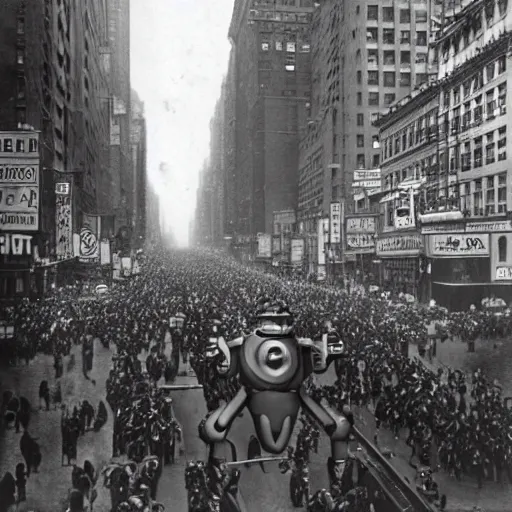 Prompt: old black and white photo, 1 9 1 3, depicting a retrofuturistic robot rampaging through the bustling streets of new york city, historical record