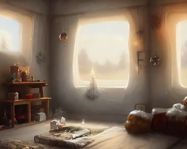 Prompt: a christmas eve photorealistic painting, cozy home, interior, sci - fi, wlop, concept art, octane render, deviantart, greg rutkowski, cinematic, key art, hyperrealism