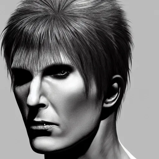 Image similar to Ziggy Stardust in a black long sleeve shirt looking directly into the camera, forward angle, white background, realistic, hyperrealistic, in real life, highly detailed, very detailed, 4k resolution, 8k resolution, trending on artstation, real life, head and bodyshot