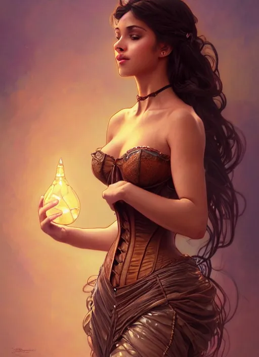 Image similar to cute brown woman wearing a translucent corset dress, fantasy, intricate, highly detailed, digital painting, artstation, concept art, wallpaper, smooth, sharp focus, illustration, art by artgerm and greg rutkowski and alphonse mucha