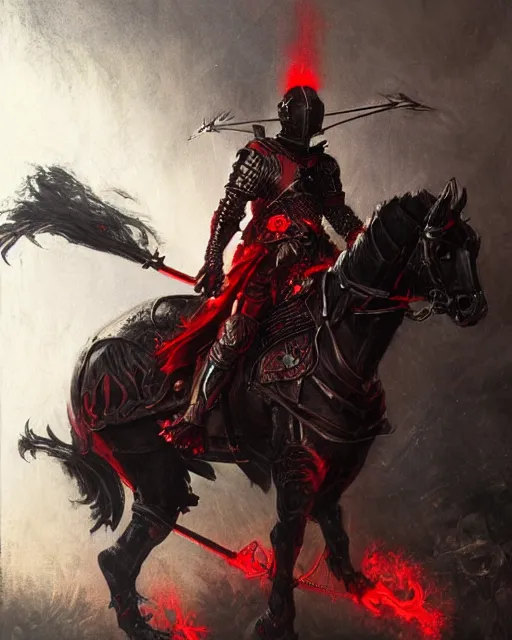 Image similar to a knight in black and red armor with glowing red eyes on horseback, intricate, highly detailed, artstation, concept art, dynamic lighting, illustration, sharp focus, Magic the Gathering art, art by ralph horsley, greg rutkowski, alphonse mucha