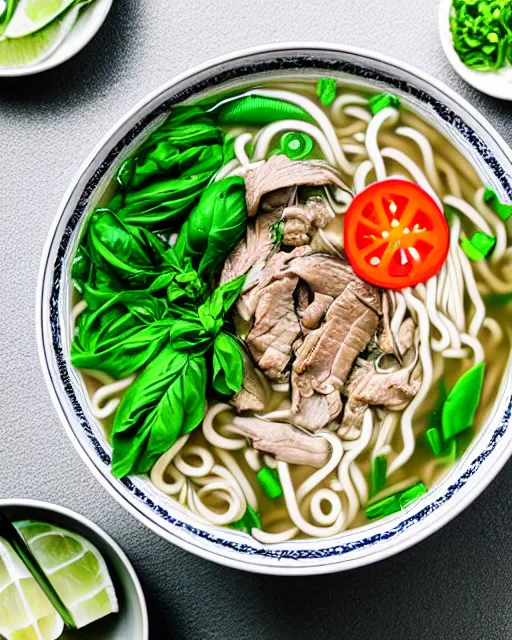 Image similar to realistic photo of delicious pho, ramen, bowl, white kitchen table, cloth, thai basil, highly detailed, by marc haydon, kailee mandel, masterpiece, award winning, food photography