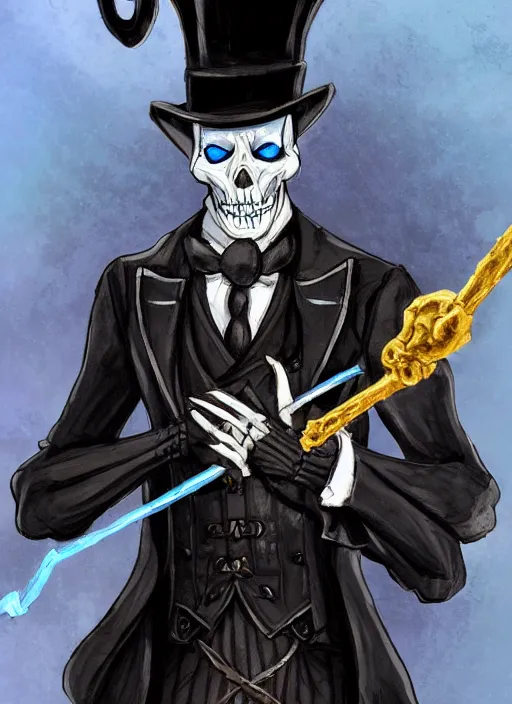 Image similar to DND character art, skeletal male figure, wearing a deep black suit!!! and tie and top hat, holding a gold! cane!, blue flames in background, blue flames