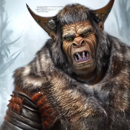 Prompt: A full body shot of a handsome orc looking into the camera wearing a fur jacket and boots, full body shot, artstation, realistic, highly detailed, symmetrical, hyper realism, high detail, octane render, unreal engine, 8k, fantasy art, intricate, highly detailed, concept art, art by artgerm