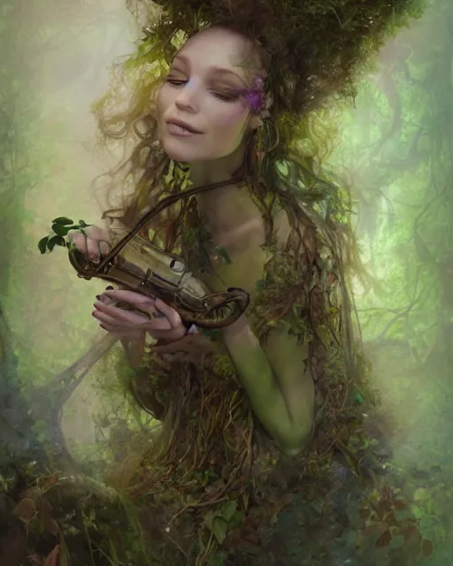 Image similar to dryad musician with a mysterious smile, inspired by brian froud, portrait, accompanied by a cute feathered mouse, studio lighting by jessica rossier and brian froud and gaston bussiere