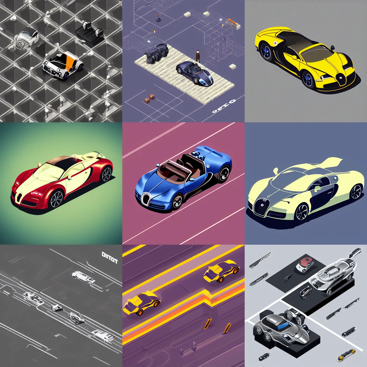 Prompt: isometric webdesign icon for bugatti veyron, by Dustin Nguyen, Akihiko Yoshida, Greg Tocchini, Greg Rutkowski, Cliff Chiang, 4k resolution, gravity rush inspired, metal gear solid inspired, dishonored inspired