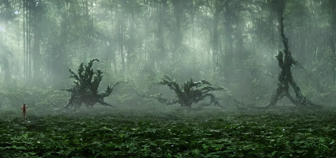 Prompt: an astronaut taking a photo of a complex organic fractal 3 d metallic symbiotic ceramic humanoid megastructure creature in a swampy lush forest, foggy, sun rays, cinematic shot, photo still from movie by denis villeneuve, wayne barlowe