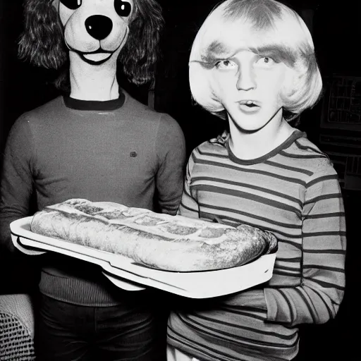 Image similar to 1 9 7 0 s polaroid portrait photograph of live actioin scooby doo and shaggy eating 6 foot tall sandwiches in wetherspoons