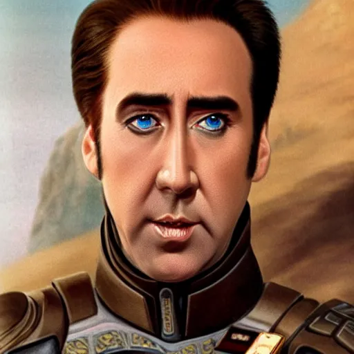 Image similar to Nicholas Cage in Dune, blue eyes