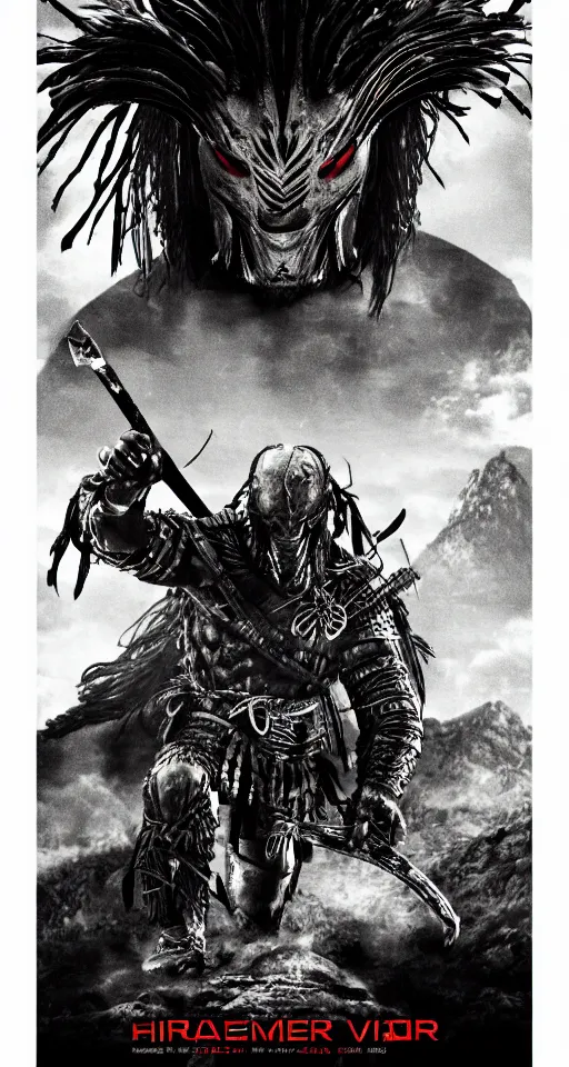 Image similar to movie ( predator vs samurai ) film poster art for hiroyuki sanada as samurai verses predator. in the style of ansel adams, frank frazzetta, realistic, detailed, octane