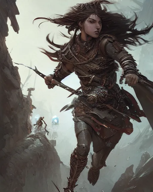 Image similar to A beautiful warrior running, D&D, beautiful face, highly detailed face, fantasy art, female art, in the style of greg rutkowski, illustration, epic, fantasy, intricate, hyper detailed, artstation, concept art, smooth, sharp focus, ray tracing