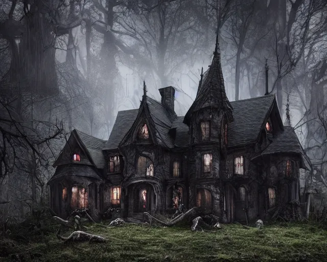 Image similar to the scariest witches house surrounded by horror creatures in the scariest dark forest, epic scene, dark, scary, horror, frightening, fantasy, cinematic, redshift render, cgi, hyper - detailed, photo - bash, 8 k post - production, masterpiece