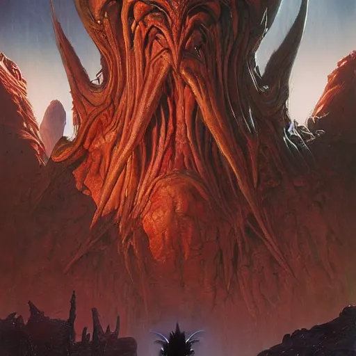 Prompt: a fantasy style portrait painting of an enormous frightening alien with a futuristic background and dramatic lighting oil painting unreal 5 daz. rpg portrait, extremely detailed wayne barlowe michael whelan artgerm greg rutkowski greg hildebrandt tim hildebrandt michael whelan h r giger moebius