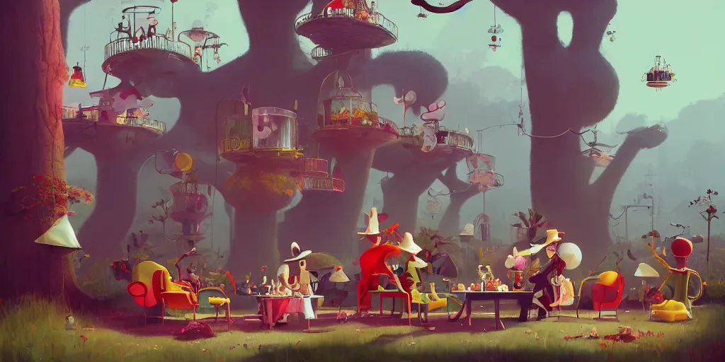 Image similar to Mad hatters tea party by Goro Fujita and Simon Stalenhag , 8k, trending on artstation, hyper detailed, cinematic