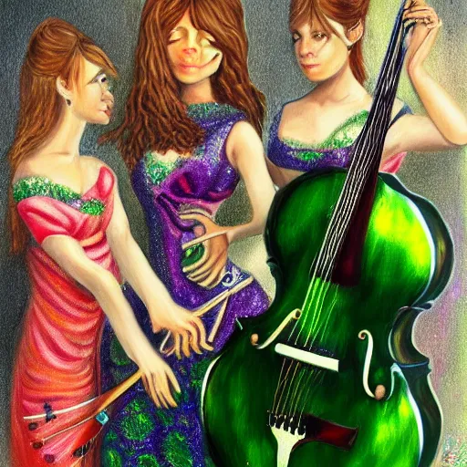 Prompt: a highly detailed painting. The musician Prince behind two beautiful twin sisters. He is green with jealousy. The sisters are happy and radiant. Trending on Artstation.