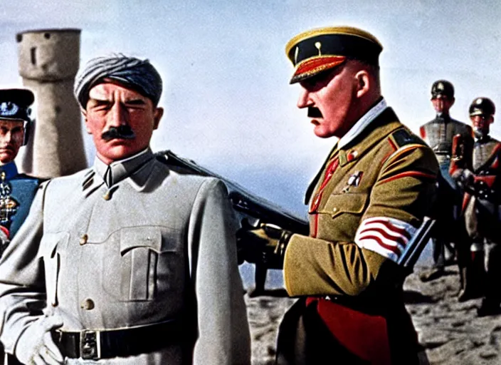 Image similar to a film still of josef stalin vs adolf hitler in lawrence of arabia ( 1 9 6 2 ), technicolor