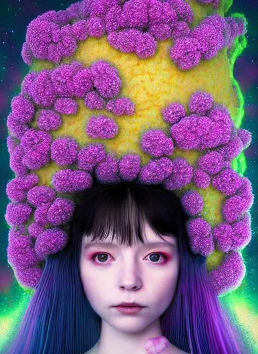 Image similar to hyper detailed 3d render like a Oil painting - kawaii portrait Aurora (black haired Fae) seen Eating of the Strangling network of yellowcake aerochrome and milky Fruit and Her delicate Hands hold of gossamer polyp blossoms bring iridescent fungal flowers whose spores black the foolish stars by Jacek Yerka, Mariusz Lewandowski, Houdini algorithmic generative render, Abstract brush strokes, Masterpiece, Edward Hopper and James Gilleard, Zdzislaw Beksinski, Mark Ryden, Wolfgang Lettl, hints of Yayoi Kasuma, octane render, 8k