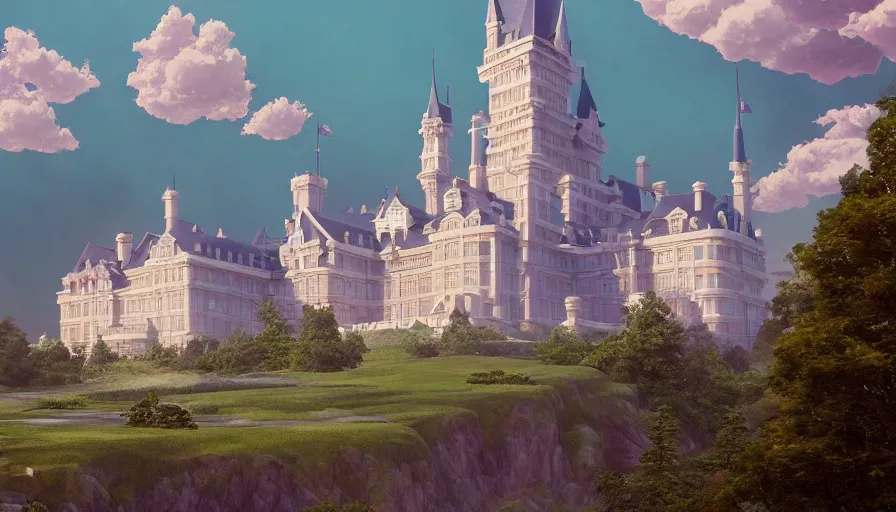 Image similar to A highly detailed matte painting of a huge american castle inspired by the white house by Studio Ghibli, Makoto Shinkai, by Artgerm, by beeple, by Greg Rutkowski, volumetric lighting, octane render, 4K resolution, trending on artstation, masterpiece