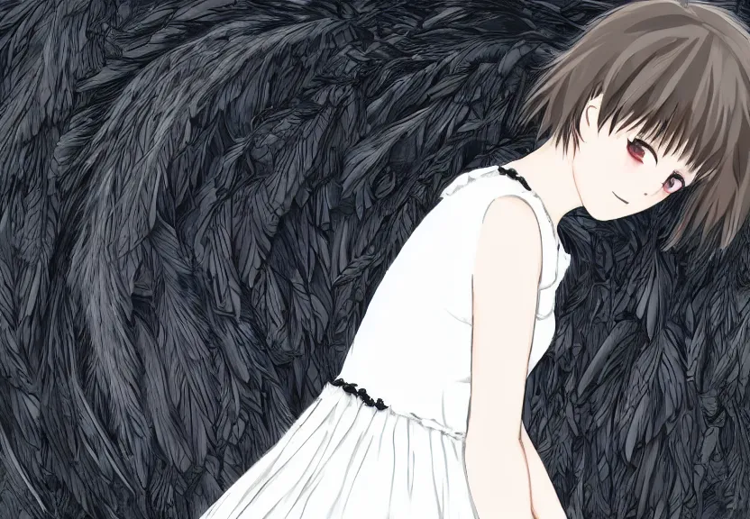 Image similar to little girl with a short white haircut wearing a dress made of black feathers, artwork in the anime style, dark, anatomically perfect