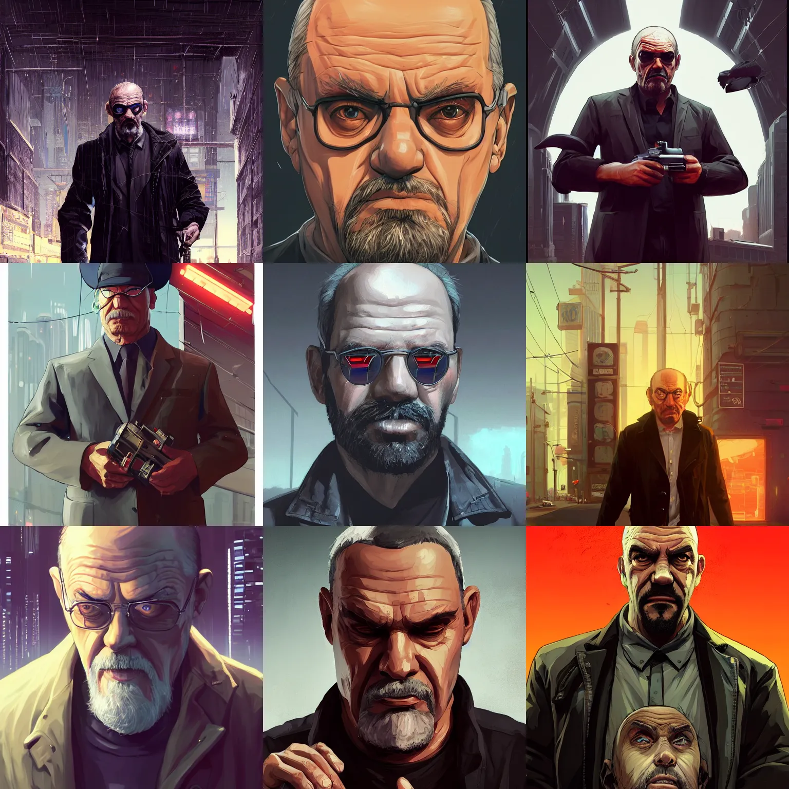 Prompt: centered long shot portrait of an old man with no glasses with a round face, a salt and pepper goatee and a stern look, cyberpunk dark fantasy art, gta 5 cover, official fanart behance hd artstation by jesper ejsing, by rhads, makoto shinkai and lois van baarle, ilya kuvshinov, ossdraws, unreal engine