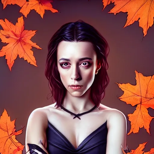 Prompt: gorgeous female stella maeve magician, realistic character concept, medium shot, elegant pose, spooky, illustration, symmetrical face and body, realistic symmetrical eyes, artstation, cinematic lighting, detailed realistic symmetrical eyes, cgsociety, 8 k, charlie bowater, tom bagshaw, single face, insanely detailed and intricate elegant, autumn leaves