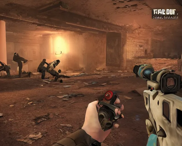 Prompt: TF2 screenshot with game HUD 'group of soldiers in an abandoned church', source engine footage, steamcommunity, featured on IGN, game HUD, game HUD, game HUD