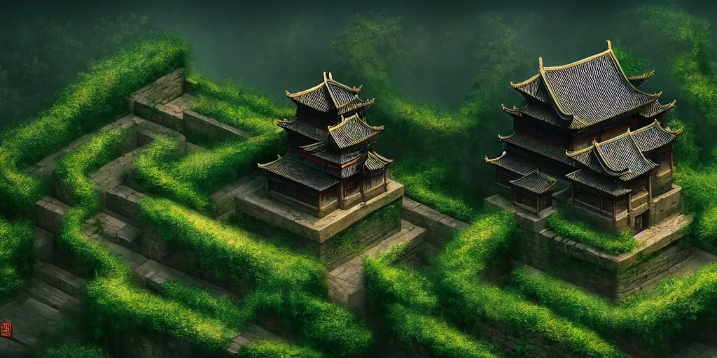 Prompt: giant ancient chinese castle in an forest with some ivy plants on the walls, cinematic, epic, dramatic lighting from above, dark, vines, fantasy, dust, unreal engine, octane, highly detailed, concept art, dark, super realistic