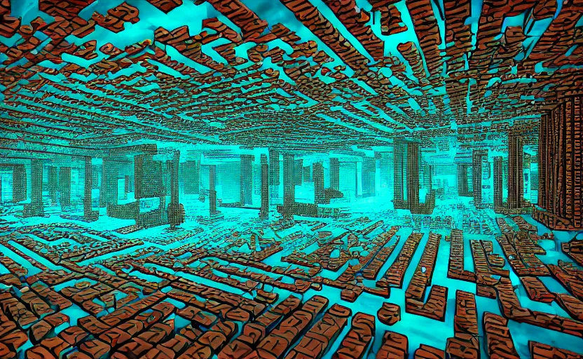 Image similar to interior of an elaborate labyrinth of runic cubes, dark teal, endless maze - like runes, ultrarealistic beautiful cinematic lighting, sharp focus, masterpiece by satoshi kon, crystal cubism, greeble, tesseract, darksynth, high definition