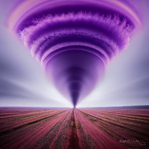 Image similar to amazing landscape photo of a purple tornado in the shape of a funnel by marc adamus, digital art, beautiful dramatic lighting