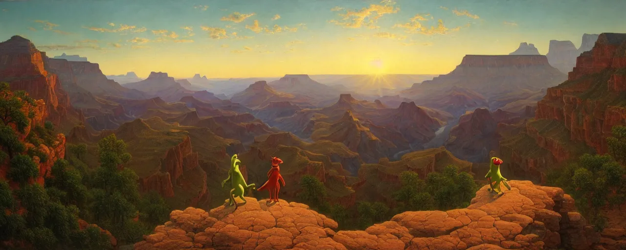 Prompt: romantic painting, wide shot of kermit the frog and miss piggy standing in front of a the grand canyon at sunrise, highly detailed, sublime, hyperrealistic, painted by caspar david friedrich and albert bierstadt, trending on artstation 8 k